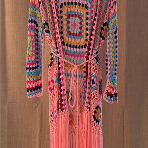 Handmade Crochet Fringe Duster Kimono – Pink Multicolor – One Size